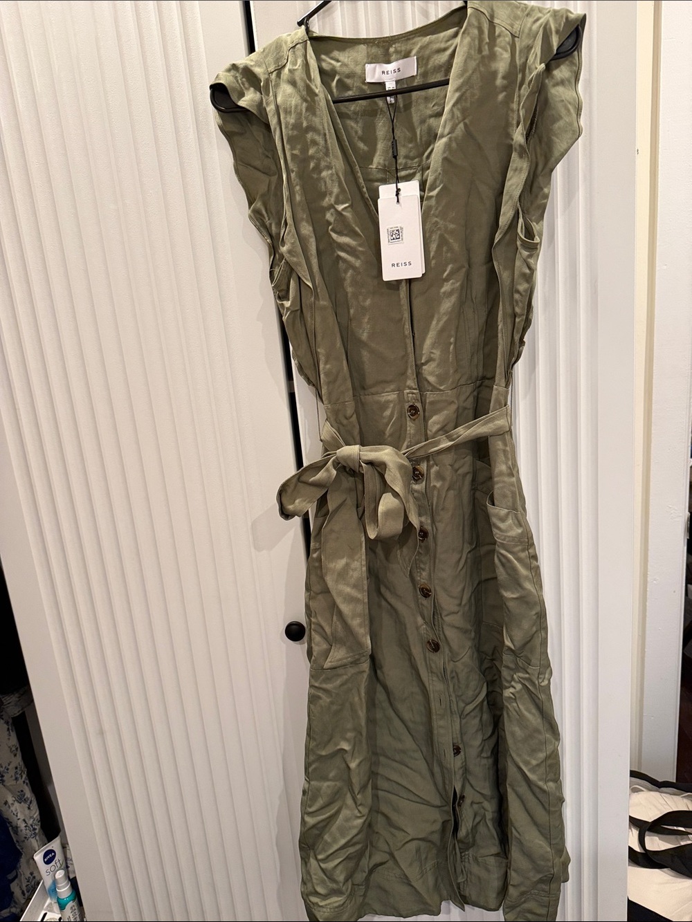 Reiss Olive Sleeveless Button-Front Tie-Waist Dress